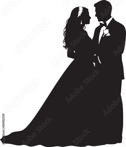 Elegant Silhouette of Wedding Couple Bride and Groom Standing Together for Romantic Marriage Celebration Bridal Fashion and Eternal Love Concept