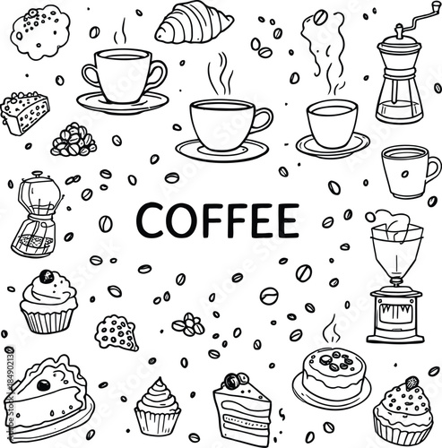 Coffee and Dessert Line Art – Cups, Beans, Makers, Grinder, Cakes, Cookies, Croissant Icons for Café Menu Design