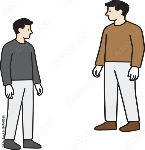 Two men standing facing each other, social distancing, communication, conversationTwo men standing facing each other, social distancing, communication, conversation
