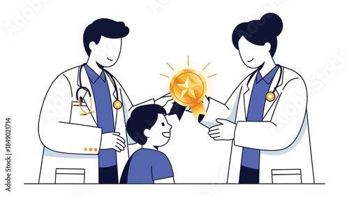 Doctors Celebrate Child's Achievement: Illustrative portrayal of doctors awarding a golden star to a child, emphasizing support, care, and achievement.