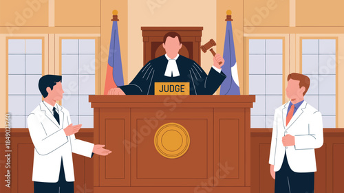 courtroom illustration of judge delivering verdict with lawyers presenting arguments, justice system, legal process and trial concept