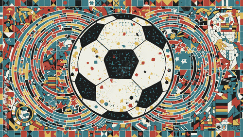 Artistic soccer ball centrally placed on a vibrant, abstract mosaic pattern background composed of geometric shapes and diverse flag elements.