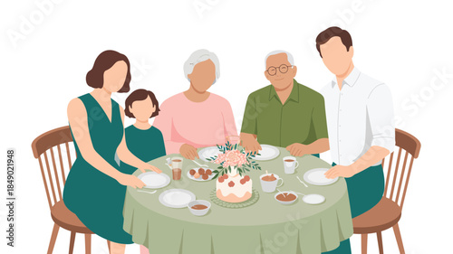 happy family sitting together at dining table sharing meal, multigenerational bonding, love, tradition and togetherness concept illustration