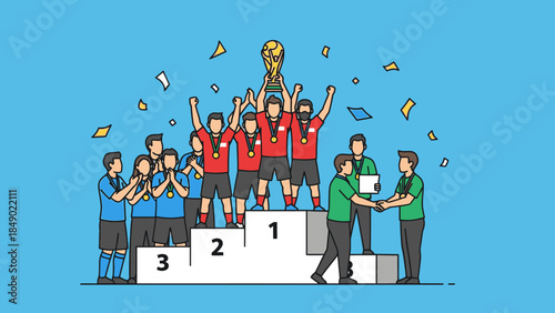 Corporate teamwork success concept featuring a diverse group of business people silhouettes and leaders in suits working together against an abstract blue city background vector illustration