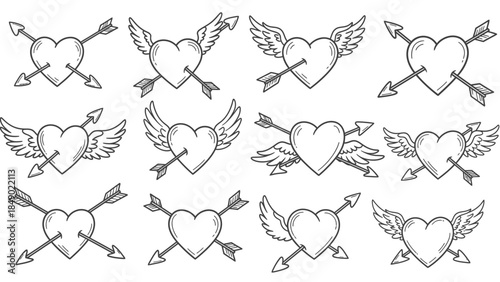 Set of decorative doodle heart designs with wings and arrows, isolated white background