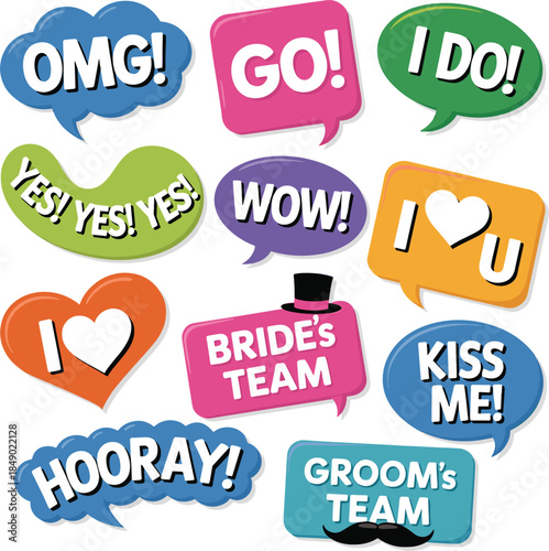 Wedding Speech Bubbles with Phrases and Icons Keywords: wedding, speech bubble, phrase, text
