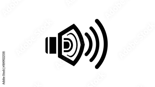 Black speaker volume icon emitting sound waves, isolated white background