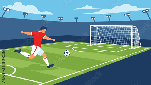 A professional soccer football player wearing white runs across the green grass pitch of a sports stadium during an outdoor match competition to kick the ball into the goal net