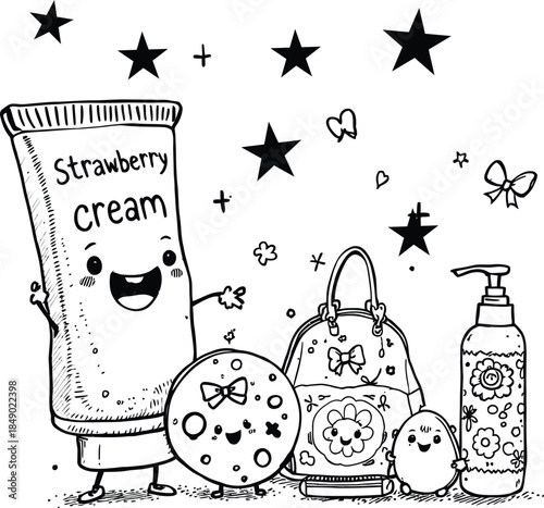 Cute Cosmetic Character Line Art – Cream Tube, Handbag, Pump Bottle, Compact, Decorative Icons for Whimsical Beauty Themes