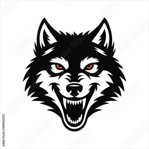Black and white wolf head illustration with fierce expression vector illustration. Bold black and white wolf head graphic vector of fierce 