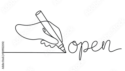 minimal one line illustration of hand writing open word with pencil, creativity concept, continuous line drawing for design and branding