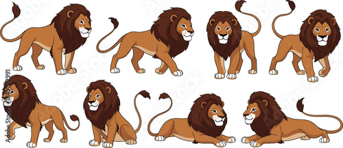PrintVector illustration set featuring eight realistic adult male lions in various natural poses including standing, walking, sitting, and lying down for wildlife designs.