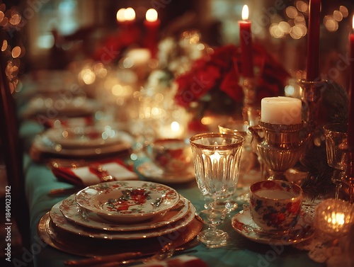 Elegant Christmas Dinner Table Setting with Candles.