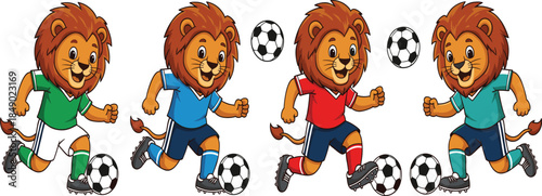 Adorable vector set of four cute kawaii lion characters playing soccer wearing colorful jerseys and dribbling footballs for children's sports and nursery designs.