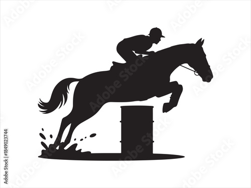 Equestrian show jumping silhouettes vector , Vector illustration silhouette of a horse and rider elegantly jumping over an obstacle design