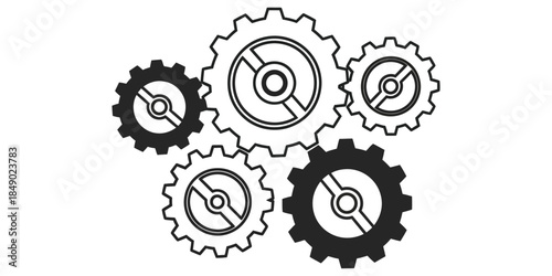 Linked Gear Wheels Mechanism Minimal Vector, Two Solid Colors, Mechanical Illustration