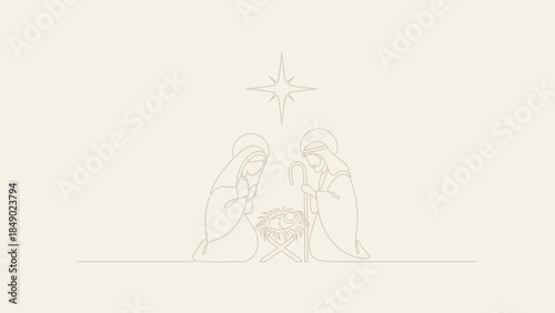Nativity scene with baby Jesus Mary and Joseph in a minimalist line drawing