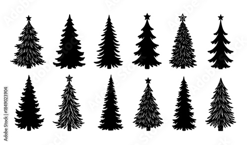 Hand drawn Christmas tree silhouettes set with fir and pine winter holiday vector
