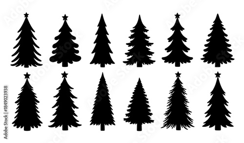 Decorative hand drawn fir and pine Christmas tree silhouettes winter vector
