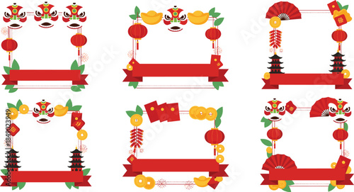 Vector set of six festive Chinese New Year decorative frames featuring red lanterns, firecrackers, gold coins, and traditional lion dance masks for holiday greetings.