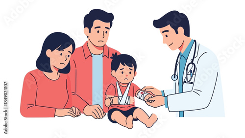 Broken Arm: A young child with a bandaged arm is consoled by his parents as a doctor tends to him, highlighting care.