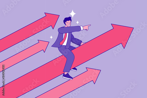 Businessman leader riding on red rising arrow rocket. Career growth, financial success, and progress concept. Flat vector illustration for business improvement and moving forward.