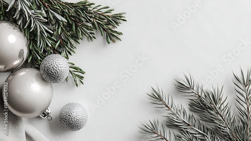 Elegant Silver Christmas Ornaments and Pine Branches on White Background.