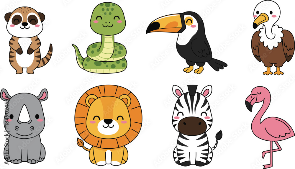 Naklejka premium Vector illustration set of eight cute kawaii safari animal characters including a meerkat, toucan, lion, and zebra for nursery and children's designs.