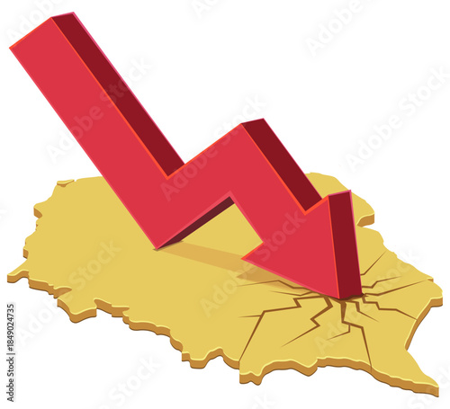 A red downward arrow crashing into a gold map of Poland, creating cracks. Symbolizes economic crisis, recession, or market crash in the country. (cut out)