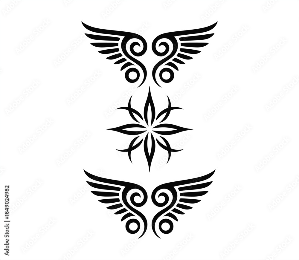 Fototapeta premium Tribal Wing and Floral Star Silhouette Set, Ethnic Ornament Design for Tattoo and Branding