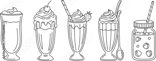 Milkshake and Sweet Dessert Drink Linear Illustration Set Featuring Whipped Cream Cherry and Straw for Cafe Menu and Summer Refreshment Design