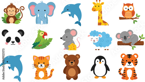 Vector illustration collection of fifteen diverse cute kawaii animal characters including a panda, penguin, koala, dolphin, and tiger for children's nursery and playful designs.