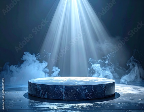 Marble stage lit from above with ethereal smoke