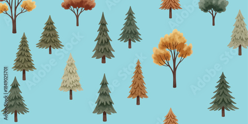 Scandinavian Tree Pattern Watercolor Vector, Nature Colors, Seamless Tiling