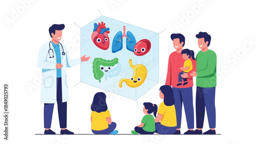 Medical Presentation: A doctor, with a gentle smile, delivers an engaging medical presentation about the human body to a family. Each internal organ.