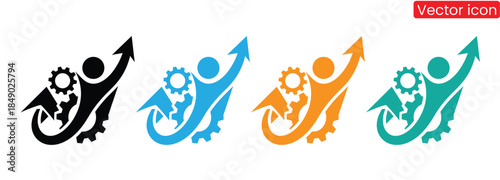 Colorful vector icons of people with gears and arrows rising