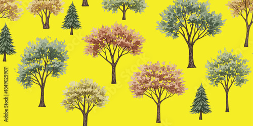 Scandinavian Tree Pattern Watercolor Vector, Nature Colors, Seamless Tiling