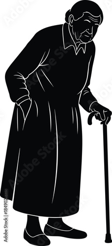 Silhouette of an Elderly Woman Leaning on a Walking Cane, Representing Old Age, Frailty, Grandparent, Retirement, Senior Citizen Care, and Health Support, Ideal for Geriatric Concepts