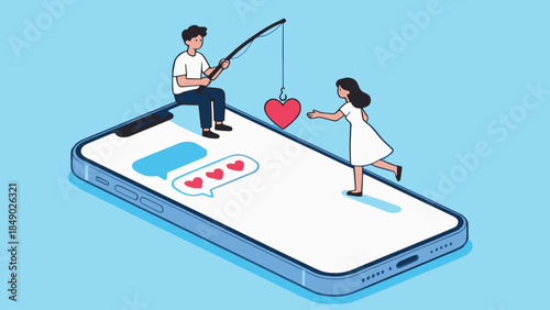 Illustration of a woman reaching for a heart displayed on a large smartphone.  Online love scam, often referred to as 'romance scams' or 'love phishing,' where vulnerability is exploited online.	