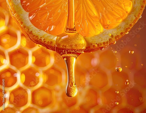 Honey drips from citrus against honeycomb