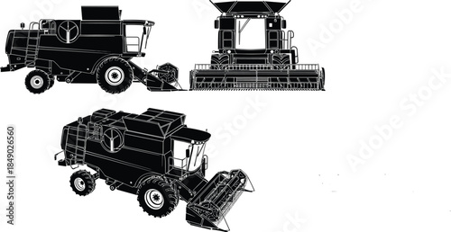 Silhouette of combine harvester in three views, side front and perspective, heavy agricultural machinery, black and white vector illustration, farm equipment
