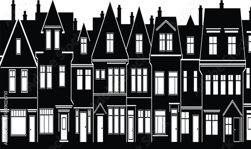Row of classic European townhouses silhouettes, urban residential architecture skyline, traditional houses facade illustration isolated on white background