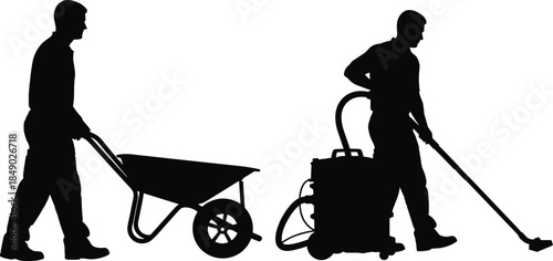 Silhouette of construction worker pushing wheelbarrow, cleaner using industrial vacuum, vector illustration of laborers working, maintenance service team, black figures on white background