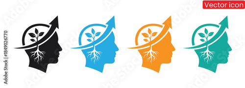 Colorful human head silhouettes with growing plants and arrows