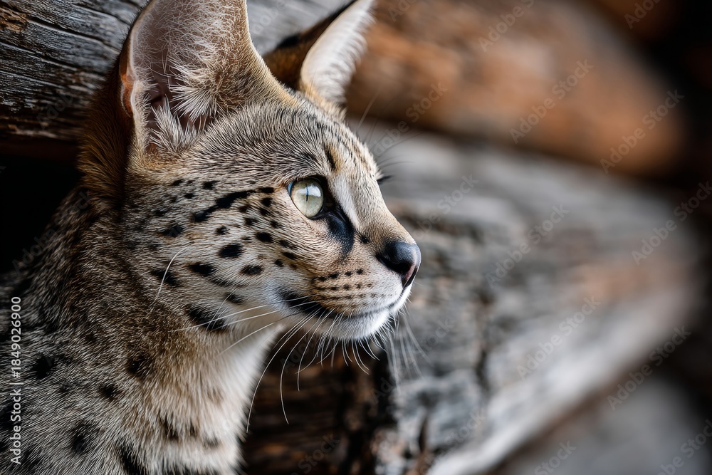 Fototapeta premium Portrait of a cute savannah cat in rustic wooden wall.