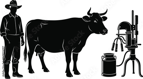 Silhouette of dairy farmer standing next to cow and milking machine, black and white vector illustration, agriculture milk production concept, farm equipment