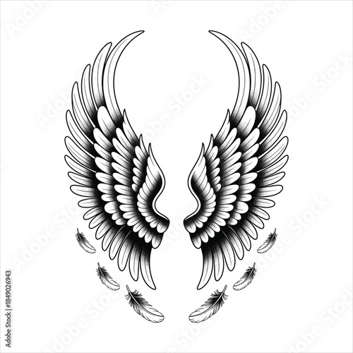 Detailed Majestic Wings Silhouette, Spread Feather Wings for Logo and Tattoo Design