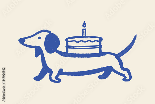 Dachshund With Birthday Cake Minimal Flat Vector Illustration