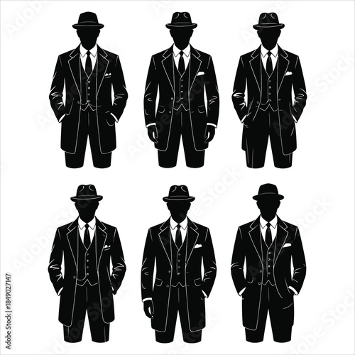 Elegant Gentleman Suit with Fedora Hat Silhouette Collection, Men's Fashion Icons