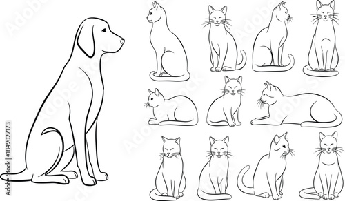 Dog and cat outline illustration set showing sitting and resting pet poses isolated minimalist line art vector collection